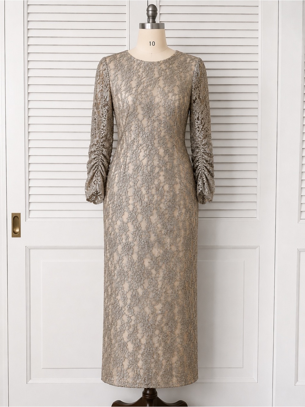 Elegant Silver Lace Long-Sleeve Sheath Dress